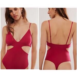 INTIMATELY FREE PEOPLE Love Triangle Cut Out Bodysuit Cha Cha Cherry Red Sz SP